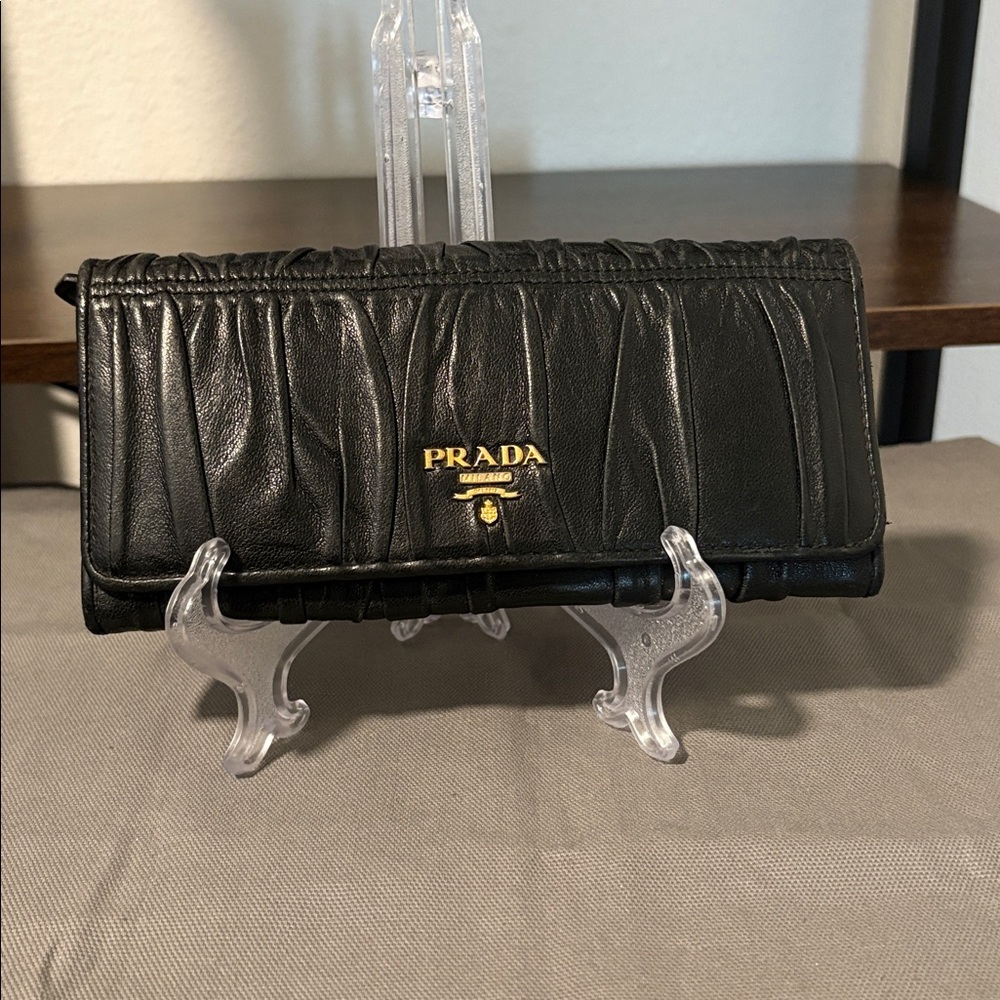 PRADA Ruched Black Long Leather Wallet - Picture 2 of 11